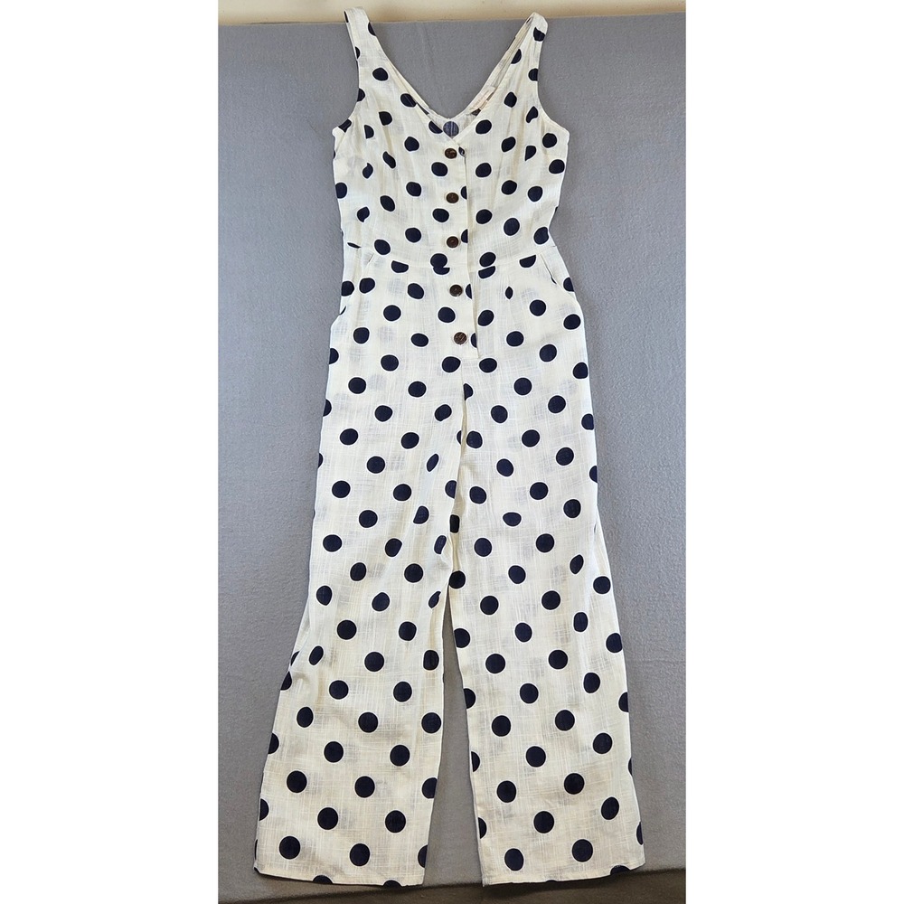 Polka Dot Button Front Wide Leg Jumpsuit XS White Navy Chic Summer Coastal Beach